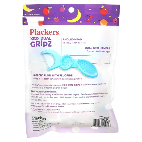 Plackers, Kid's Dual Gripz, детские зубочистки с нитью, с фтором, фруктовый смузи, 75 шт.