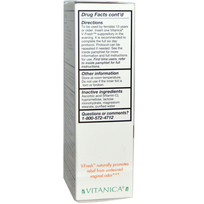 Vitanica, V-Fresh, вагинальная поддержка, 6 вагинальных суппозиториев