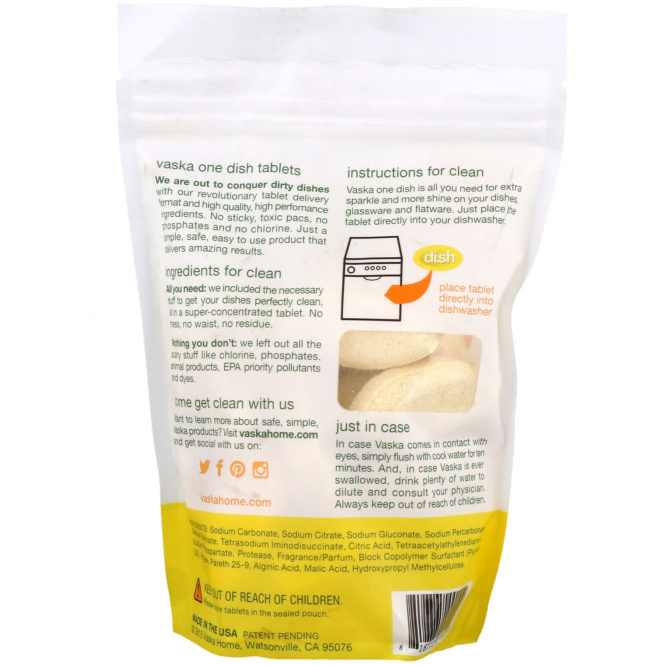 Vaska, Dish, Dishwasher Detergent Tablets, Lemon Rosemary, 20 Tablets