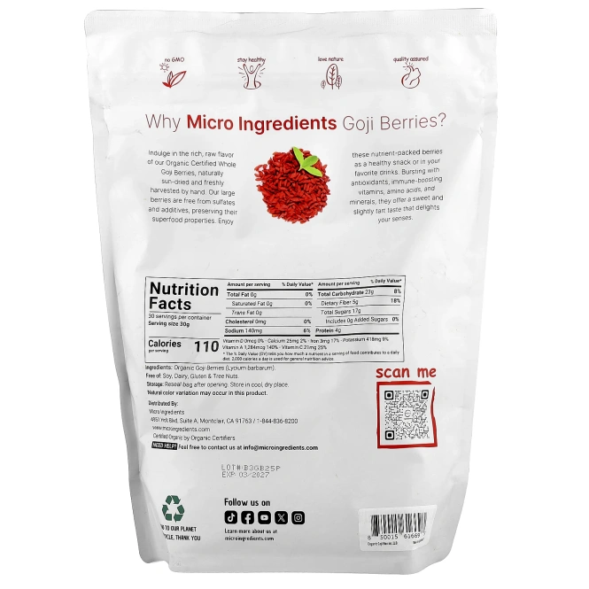 Micro Ingredients, Органические ягоды годжи, 907 г (2 фунта)