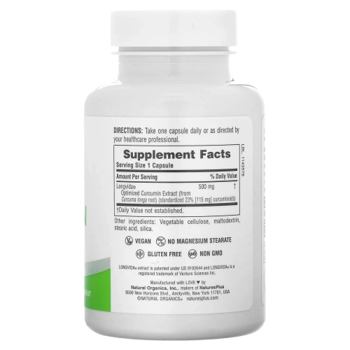 NaturesPlus, Pro Longvida, куркумин, 500 мг, 60 капсул