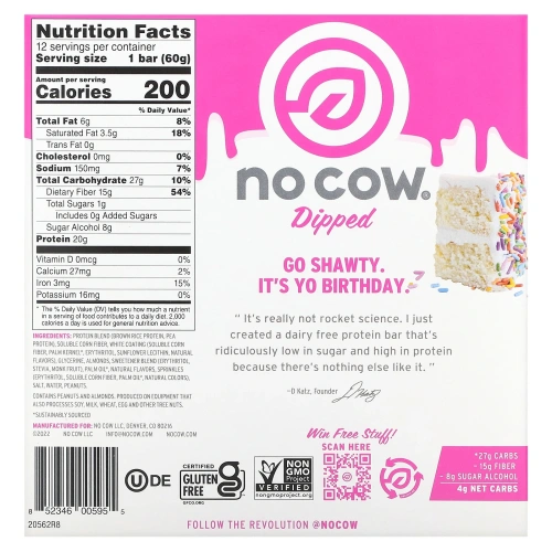 No Cow, Protein Bar, Birthday Cake, 12 Bars, 2.12 oz (60 g) Each