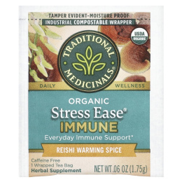 Traditional Medicinals, Organic Stress Ease® Immune, согревающая приправа с грибами рейши, без кофеина, 16 чайных пакетиков в упаковке, 28 г (0,99 унции)