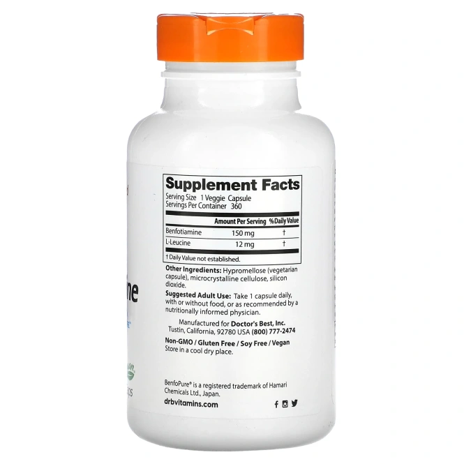Doctor's Best, бенфотиамин с BenfoPure, 150 мг, 360 вегетарианских капсул