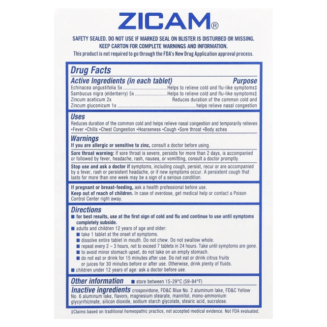 Zicam, Echinacea + Sambucus, охлаждающая перечная мята, 20 быстрорастворимых таблеток