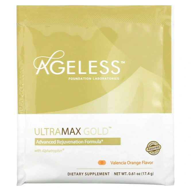 Ageless UltraMax Gold, улучшенная формула омоложения с альфатрофином, со вкусом валенсийского апельсина, 22 пакетика, 13,5 унции (17,4 г) каждый