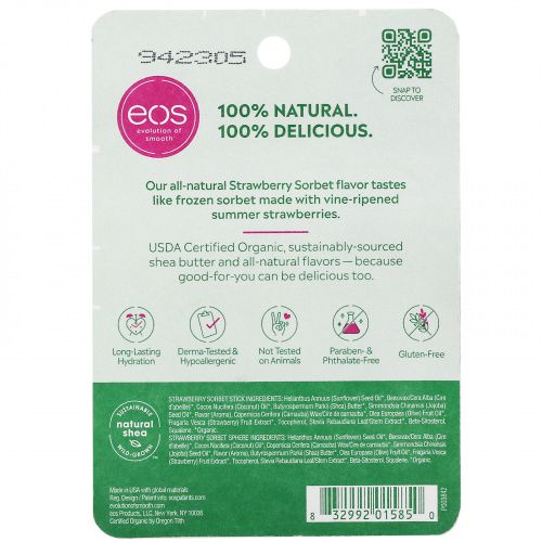 EOS, 100% Natural Shea Lip Balm, Strawberry Sorbet, 2 Pack, 0.39 oz (11 g)
