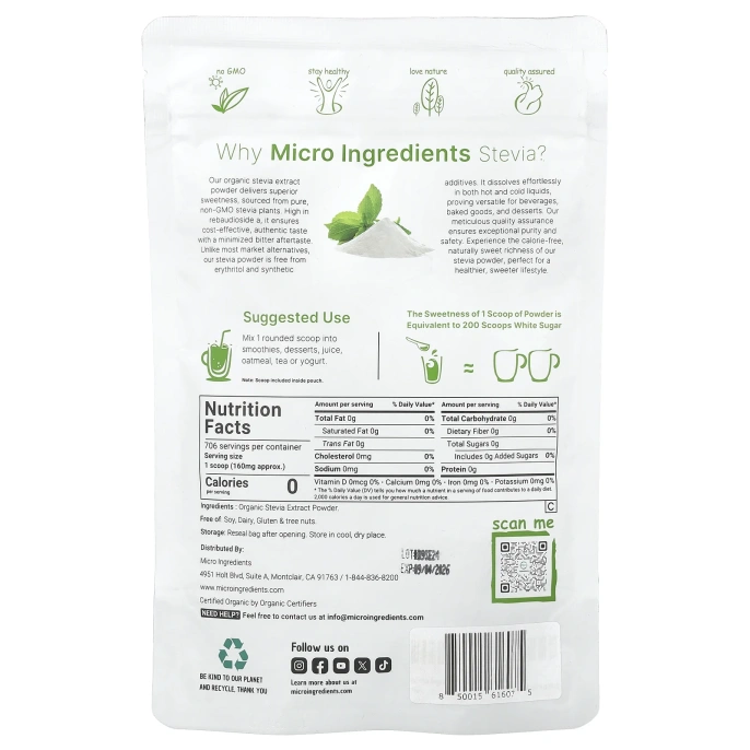 Micro Ingredients, Органический экстракт стевии, 113 г (4 унции)