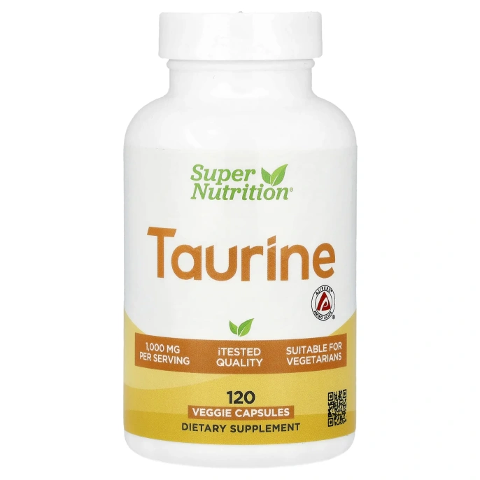 Super Nutrition, таурин, 120 растительных капсул (500 мг в 1 капсуле)