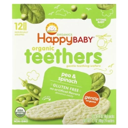 Happy Family Organics, Нежные органические вафли для прорезывания зубов, горох и шпинат, 12 шт., 0,14 унции (4 г)