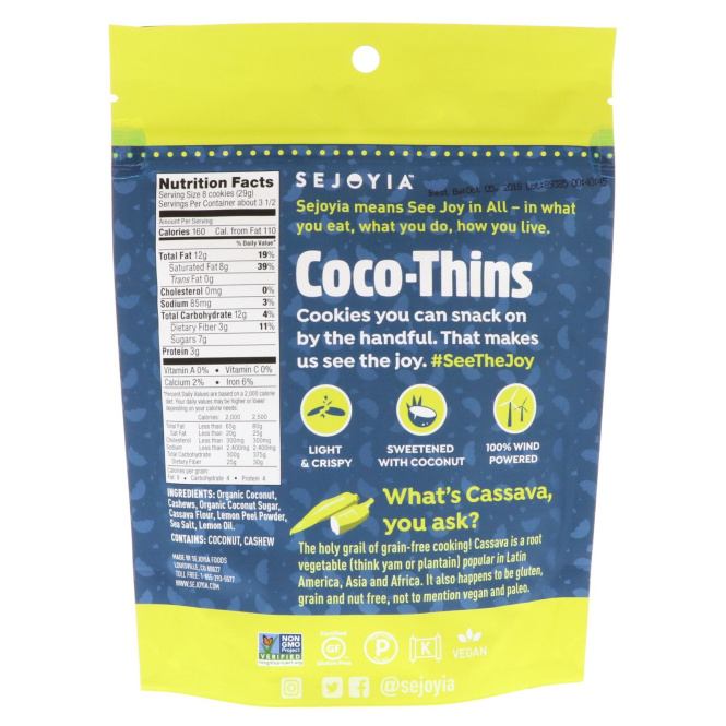 Sejoyia, Coco-Thins, печенье-закуска с кешью, пикантный лимон, 99 г