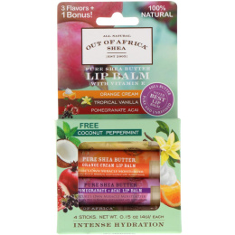 Out of Africa, Pure Shea Butter Lip Balm with Vitamin E, 3 Flavors + 1 Bonus, 4 Sticks, 0.15 oz (4.2 g) Each