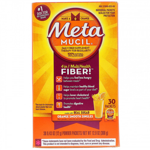 Metamucil, 4 in 1 MultiHealth Fiber, Orange Smooth Singles, 30 Packets, 0.43 oz (12 g) Each