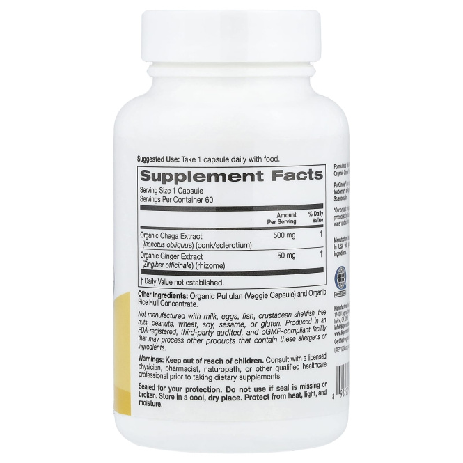 Super Nutrition, органический гриб чага с имбирём, 60 вегетарианских капсул