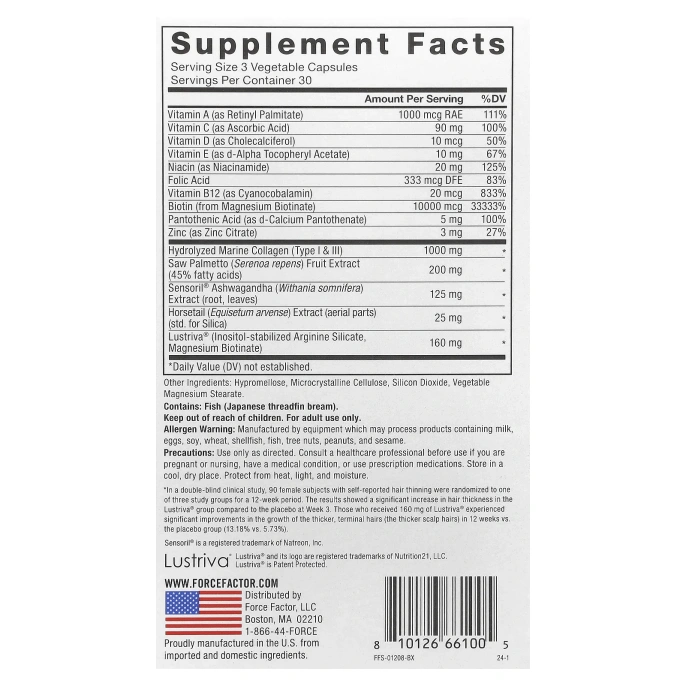 Force Factor, Ускоритель роста волос, 90 растительных капсул
