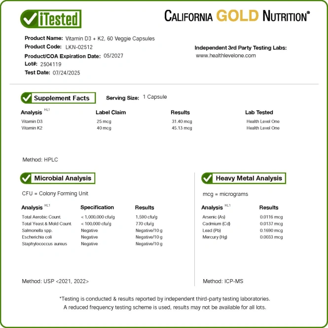 California Gold Nutrition, витамины D3 и К2, 60 растительных капсул