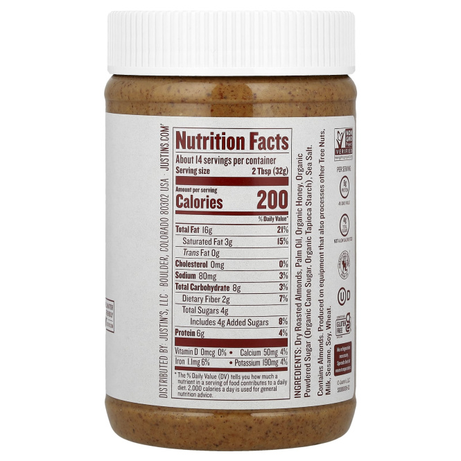 Justin's Nut Butter, Миндальная паста с медом, 454 г (16 унций)