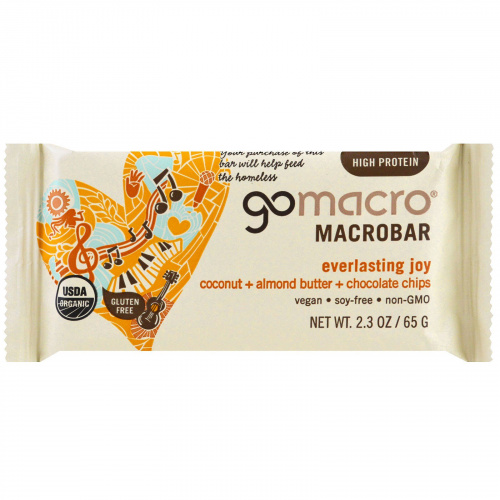 GoMacro, Макробатончик Macrobar, Вечная радость, кокос + миндальное масло + кусочки шоколада, 12 батончиков по 65 г (2.3 oz)