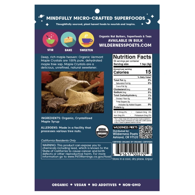 Wilderness Poets, органический вермонтский кленовый сироп в кристаллах, 226 г (8 унций)