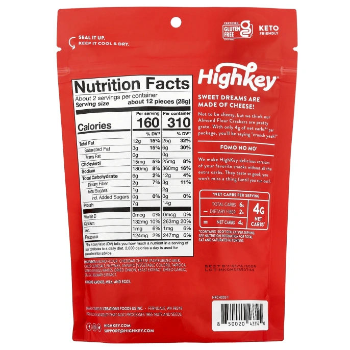 HighKey, Крекеры из миндальной муки, чеддер, 56,6 г (2 унции)