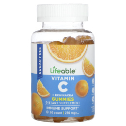 Lifeable, жевательные таблетки с витамином C и эхинацеей, без сахара, натуральный цитрус, без орехов, 250 мг, 60 жевательных таблеток (125 мг в 1 жевательной таблетке)