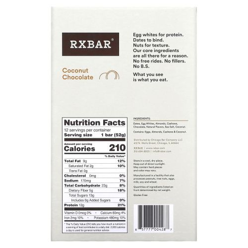 RXBAR, Протеиновые батончики, Кокос и шоколад, 12 батончиков, 1,83 унции (52 г) каждый