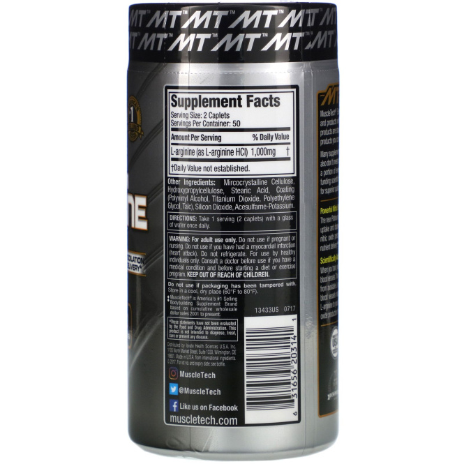 Muscletech, Platinum 100% L-Arginine, 1000 мг, 100 капсуловидных таблеток
