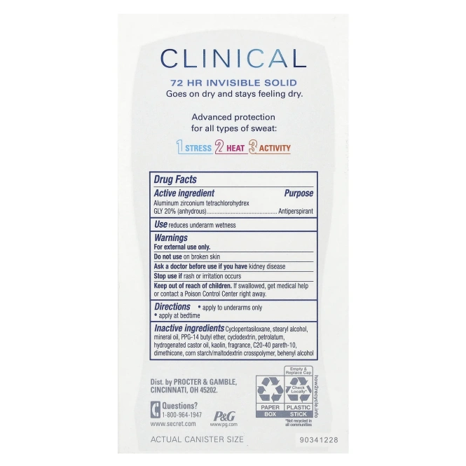 Secret, Clinical, невидимое твердое вещество, 72 часа, антиперспирант / дезодорант, реакция на стресс, 45 г (1,6 унции)