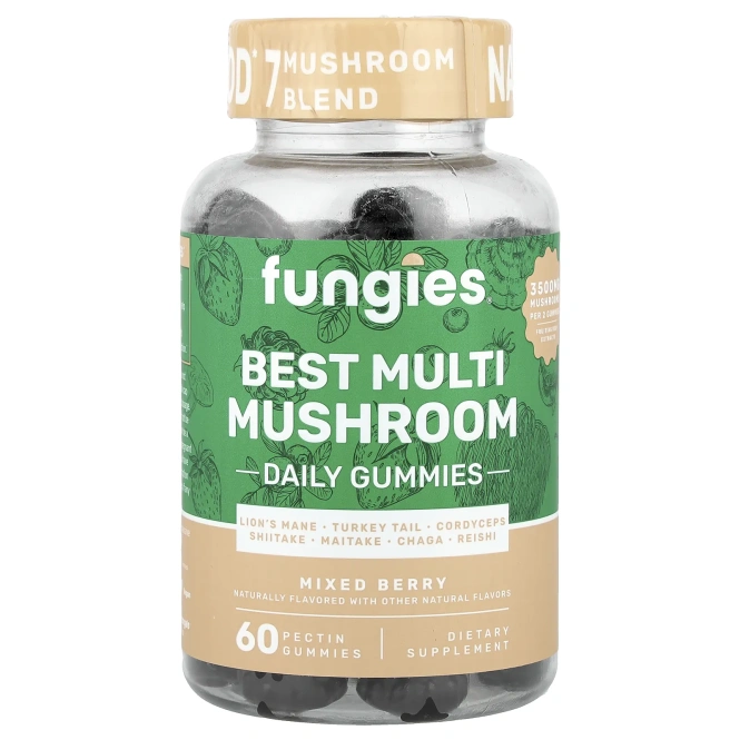 Fungies, Best Multi Mushroom, жевательные таблетки для ежедневного приема, со вкусом ягодного ассорти, 60 жевательных таблеток с пектином