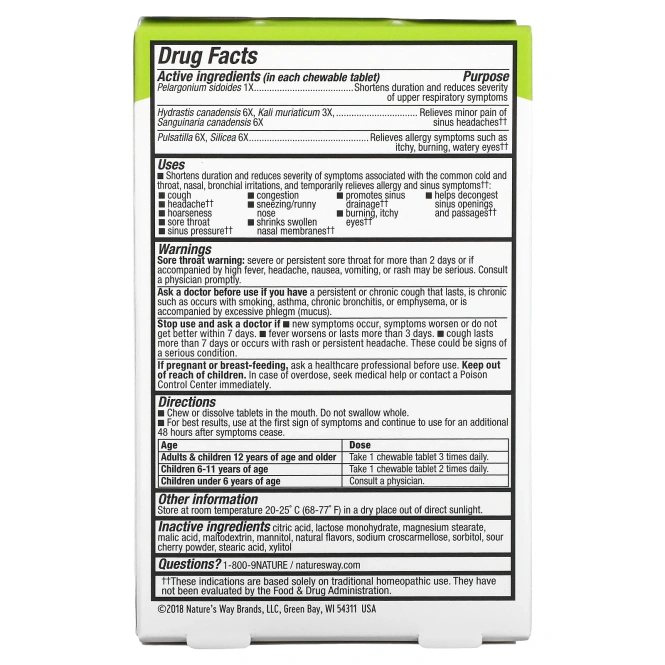 Nature's Way, Umcka, Allergy + Sinus, вишня, 20 таблеток