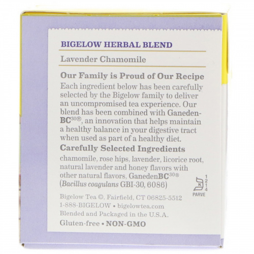 Bigelow, Herbal Tea, Lavender Chamomile Plus Probiotics, 18 Tea Bags, .98 oz (27 g)