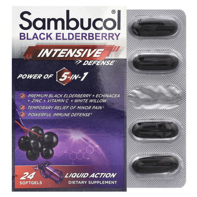 Sambucol, Черная бузина, интенсивная защита, средство 5 в 1, 24 капсулы
