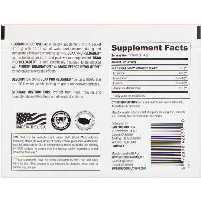 SAN Nutrition, BCAA Pro Reloaded, Hydrosoluble BCAAs, Blue Raspberry, 0.4 oz (11.4 g)