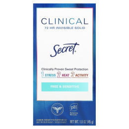 Secret, Clinical 72 HR, невидимый твердый дезодорант, для свободной и чувствительной кожи, 45 г (1,6 унции)