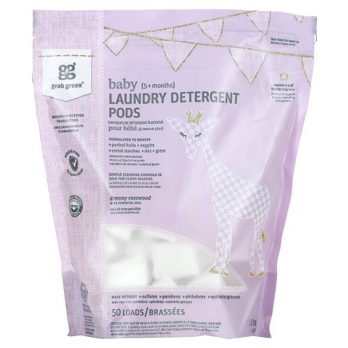 Grab Green, Laundry Detergent Pods, Baby, Dreamy Rosewood with Essential Oils, 5+ Months, 50 Loads, 1.76 lbs (800 g)