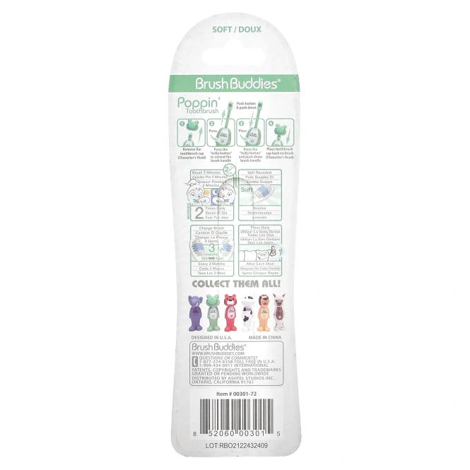 Brush Buddies, Poppin', лягушка Луи, мягкая, 1 зубная щетка