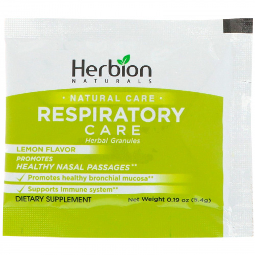 Herbion, Натуральный уход, уход за дыхательными путями, травяные гранулы, лимонный вкус, 10 пакетиков-саше, 0,19 унц. (5,4 г) каждый