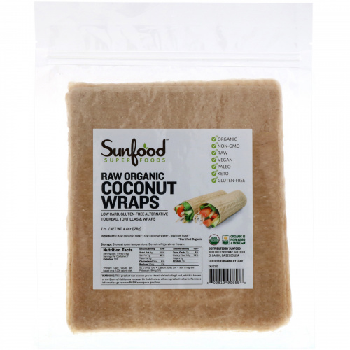 Sunfood, Необработанный органический продукт, Кокосовые конвертики, 7 конвертиков, 14 г в каждом
