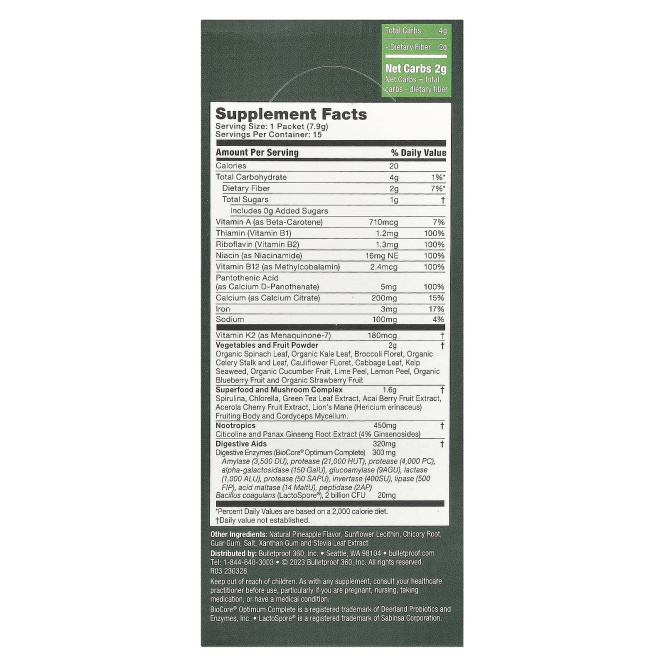 BulletProof, Зелень, 15 пакетиков по 7,9 г (0,28 унции)