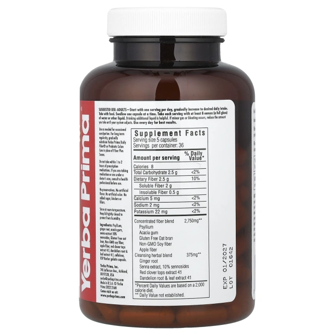 Yerba Prima, Капсулы с клетчаткой и сенной, 180 капсулой