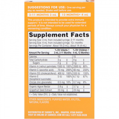 Zarbee's, Baby, Immune Support & Vitamins, Natural Orange Flavor, 2 fl oz(59 ml)