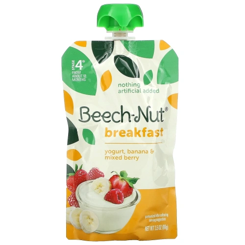 Beech-Nut, Breakfast, Stage 4, йогурт, банан и ягодное ассорти, 12 пакетиков, 99 г (3,5 унции)