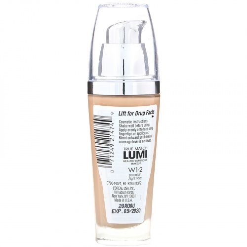 L'Oreal, Тональная основа True Match Healthy Luminous Makeup, SPF 20, оттенок фарфор/светлая слоновая кость W1-2, 30 мл