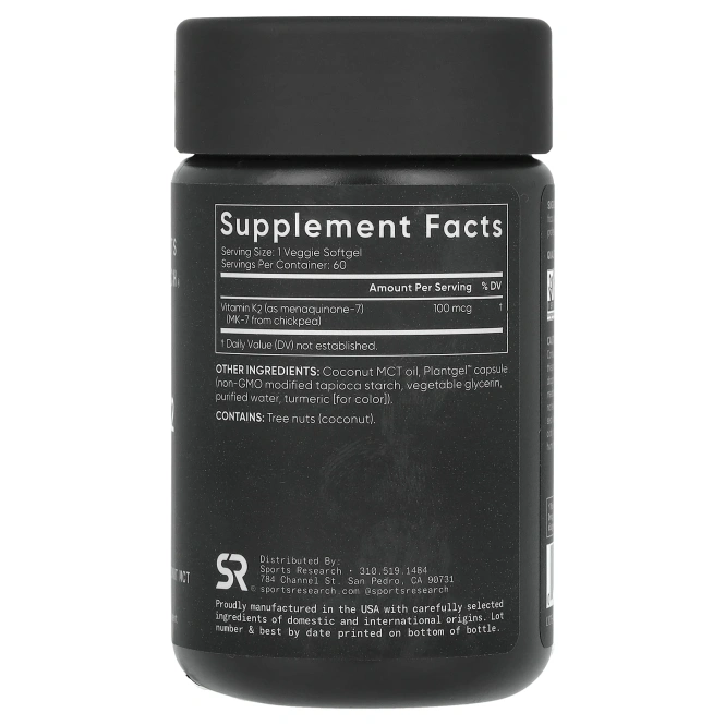 Sports Research, Витамин K2, 100 мкг, 60 растительных желатиновых капсул