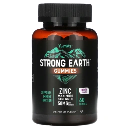 YumVs, Strong Earth, жевательные таблетки, цинк, максимальная сила действия, со вкусом ягод, 50 мг, 60 жевательных таблеток (25 мг в 1 жевательной таблетке)