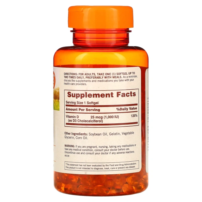 Sundown Naturals, Витамин D3, 25 мкг, 1000 МЕ, 400 мягких таблеток
