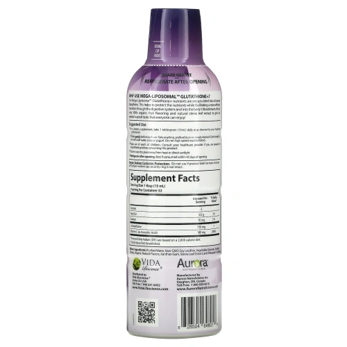 Aurora Nutrascience, мегалипосомальный глутатион+, с витамином C, со вкусом органических фруктов, 750 мг, 480 мл (16 жидк. унций)