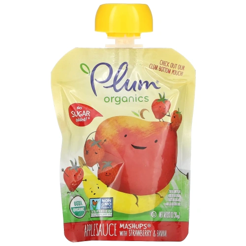 Plum Organics, Органическое яблочное пюре с клубникой  и бананом, 4 пакетов, 3,17 унц. (90 г) каждый