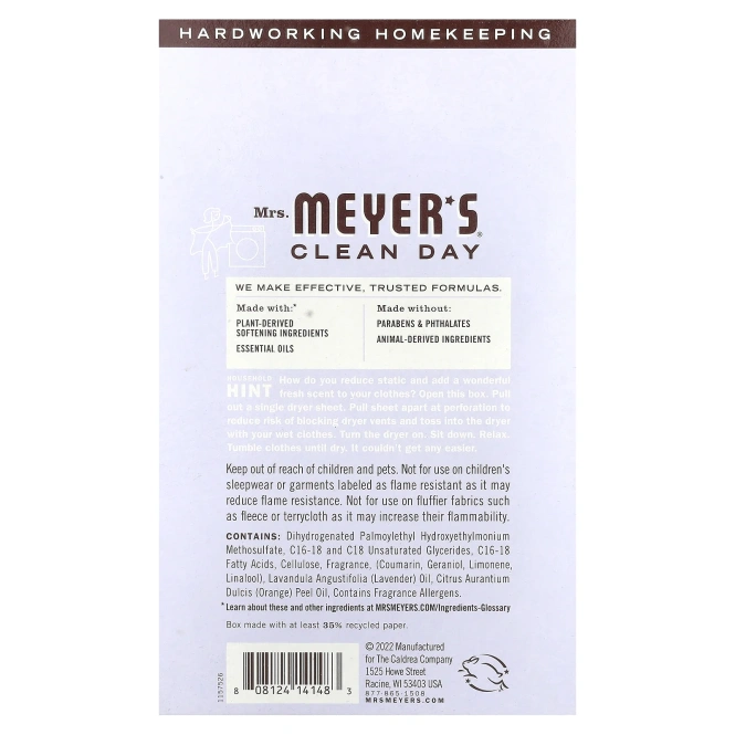 Mrs. Meyers Clean Day, Антистатические салфетки, аромат лаванды, 80 шт.