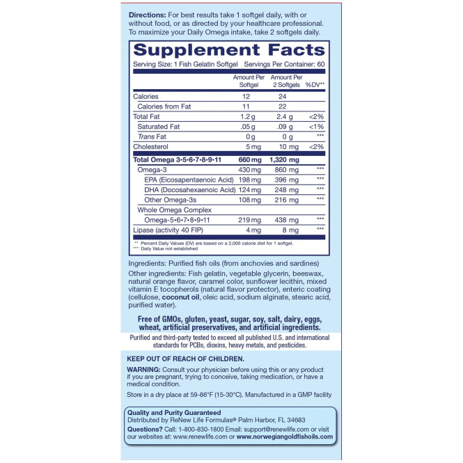 Renew Life, Daily Omega, Natural Orange Flavor, 60 Enteric-Coated Softgels